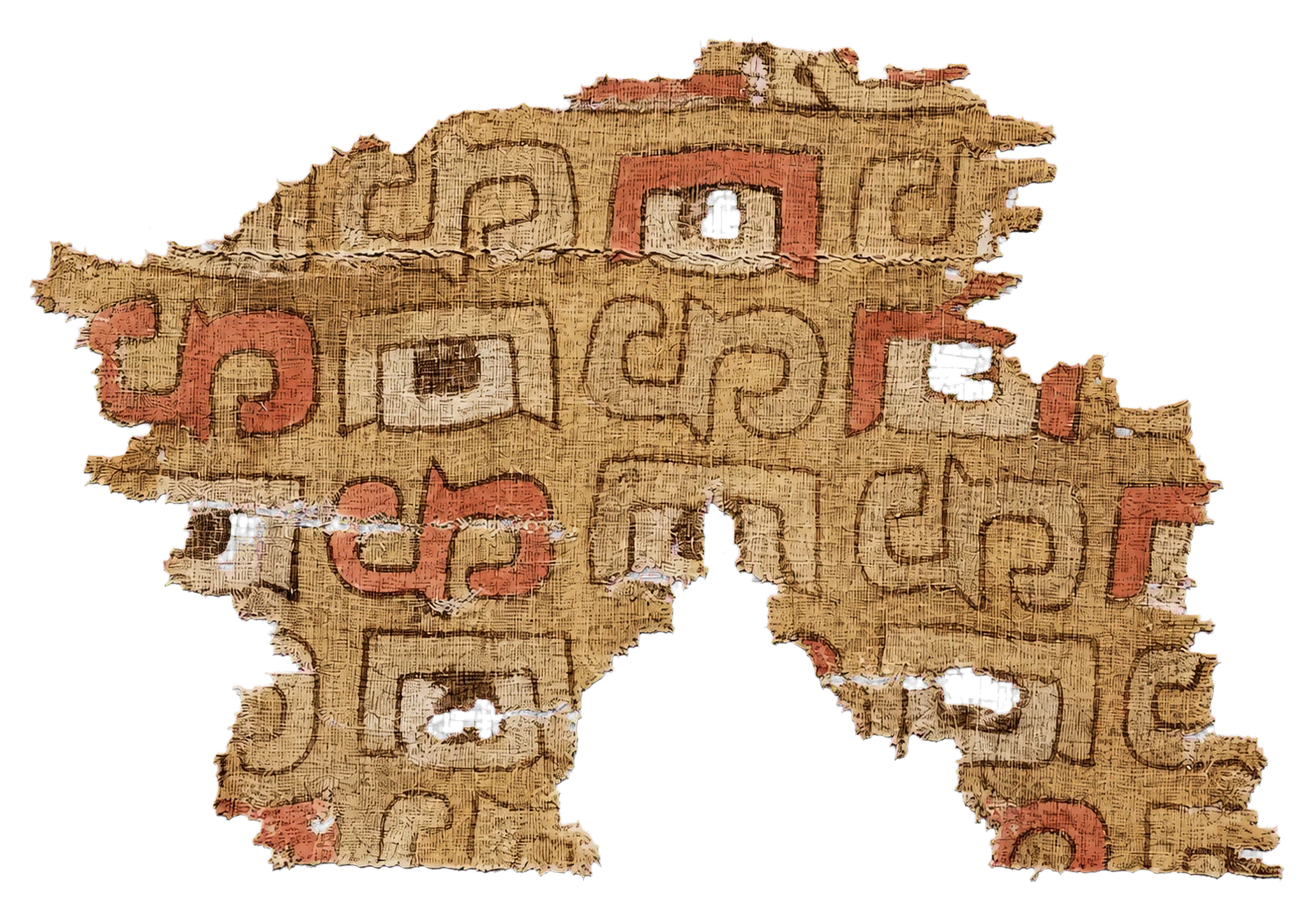 Stark beschädigtes Textilfragment mit roten und braunen Formen.