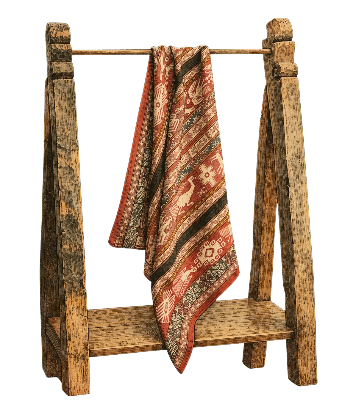 Gemustertes Textil, das über einem hölzernen Gestell liegt.